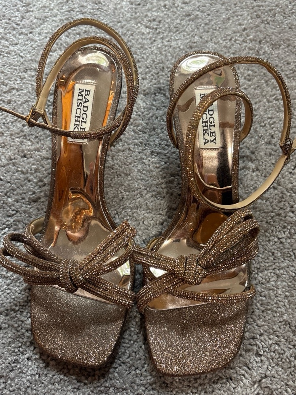 Badgley Mischka Metallic Gold Glitter Knotted Strap Heels